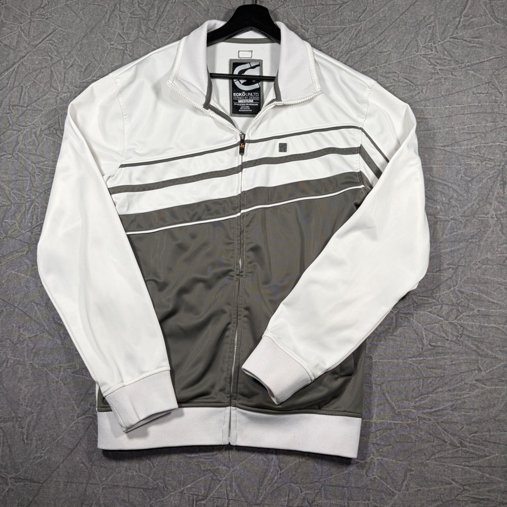Ecko Unltd Track Jacket Mens Medium White Grey Full Zip Striped Streetwear Coat